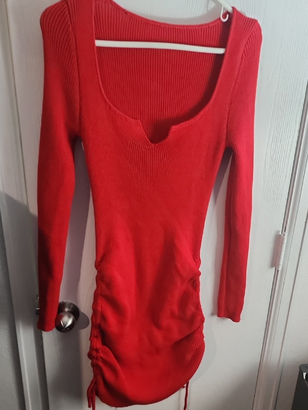 Red Ribbed Long Sleeve Drawstring Bodycon Dress - Picture 1 of 3